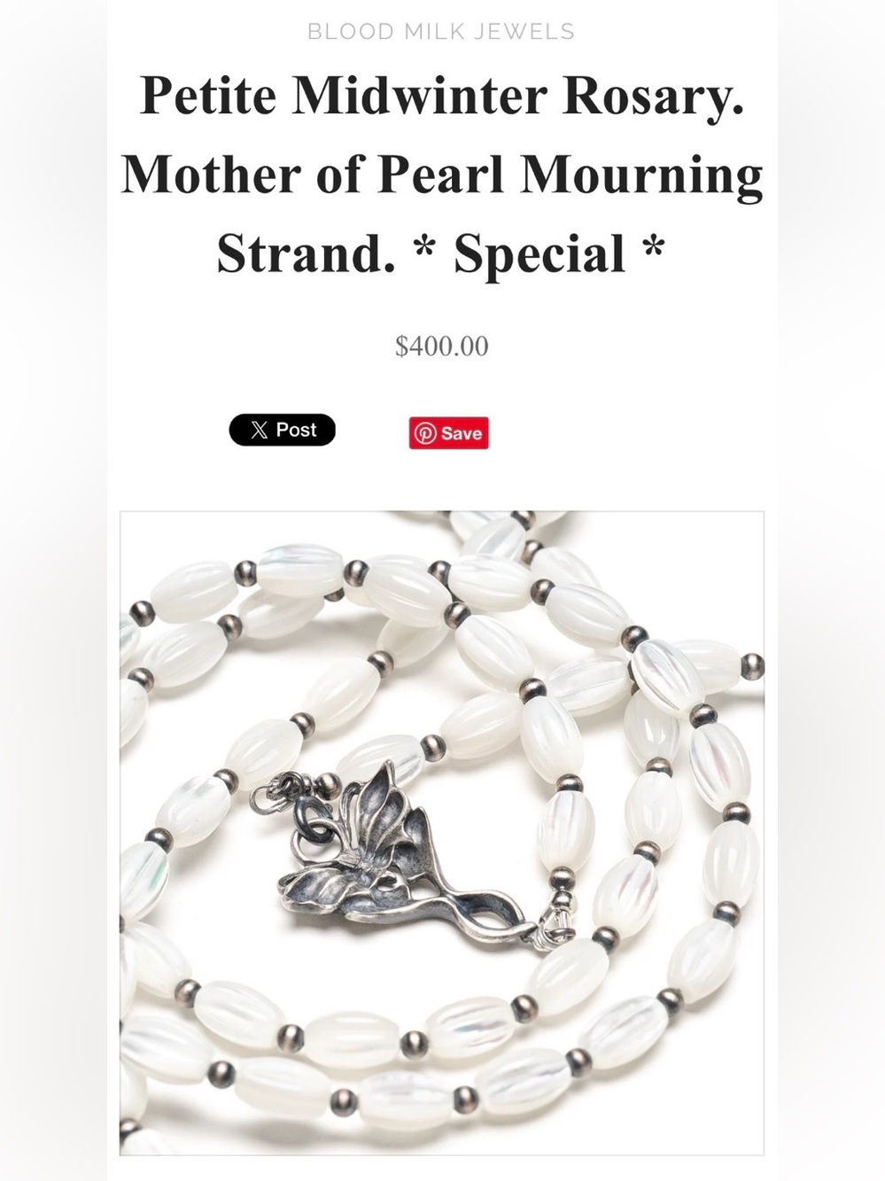 Bloodmilk Jewels *special* Petite Midwinter Rosary Mother of Pearl Moth strand